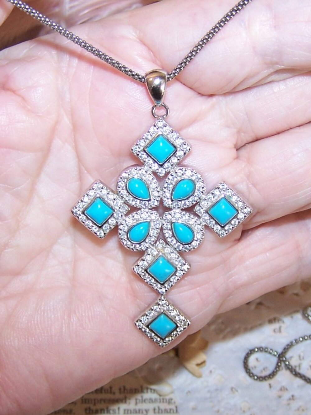 Sterling Silver Turquoise Cubic Zirconia Cross Pendant